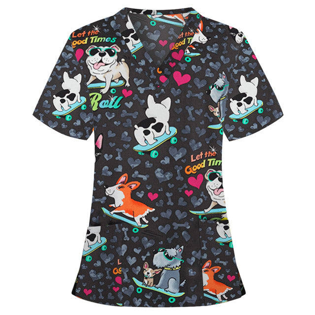 Animal Print Healthcare Tunic Women Casual Short Sleeve V-neck Carer Tops Cartoon Dog Print Blouse Overalls Nurse Uniform A50