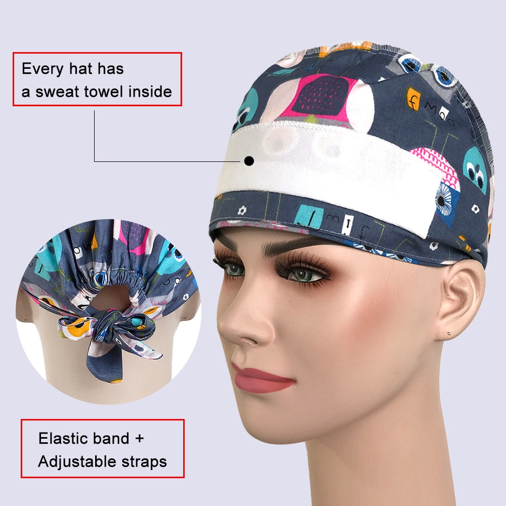 Pet Beauty Scrub Cap Adjustable Elastic Printing Surgical Hats Lab Nurse Cap with Button Medical Uniform Accessories Women Hat