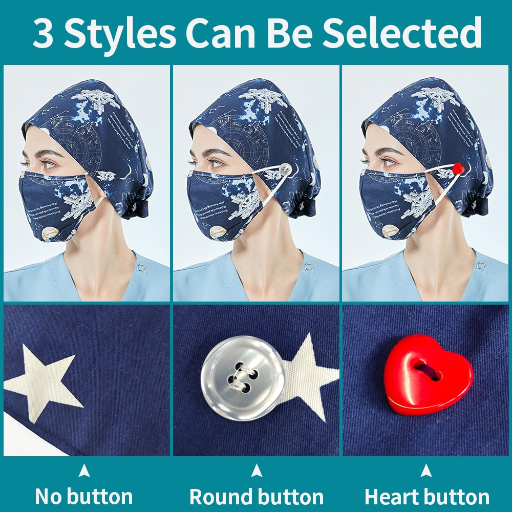 Pet Beauty Scrub Cap Adjustable Elastic Printing Surgical Hats Lab Nurse Cap with Button Medical Uniform Accessories Women Hat