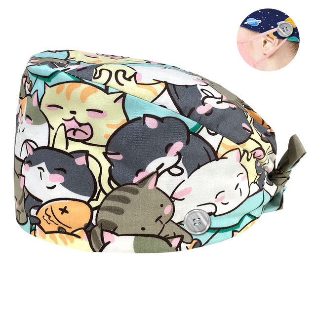 Pet Beauty Scrub Cap Adjustable Elastic Printing Surgical Hats Lab Nurse Cap with Button Medical Uniform Accessories Women Hat