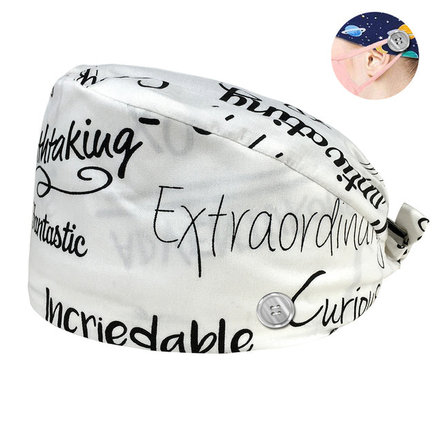 Pet Beauty Scrub Cap Adjustable Elastic Printing Surgical Hats Lab Nurse Cap with Button Medical Uniform Accessories Women Hat