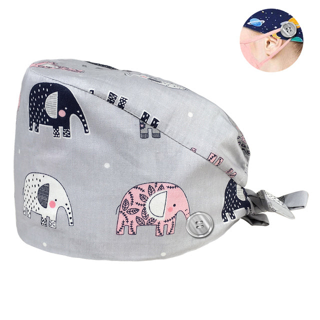 Pet Beauty Scrub Cap Adjustable Elastic Printing Surgical Hats Lab Nurse Cap with Button Medical Uniform Accessories Women Hat