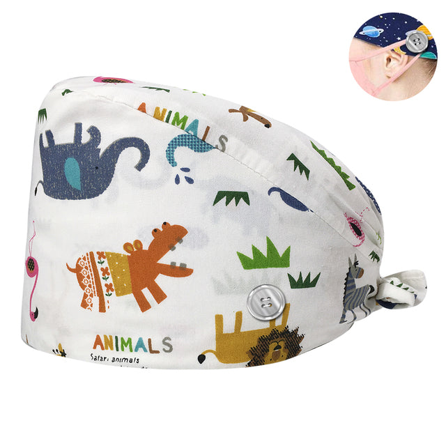 Pet Beauty Scrub Cap Adjustable Elastic Printing Surgical Hats Lab Nurse Cap with Button Medical Uniform Accessories Women Hat