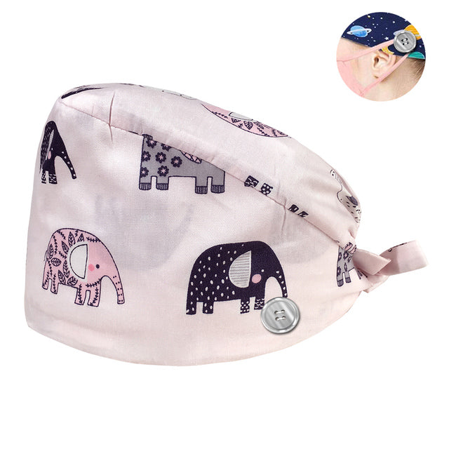 Pet Beauty Scrub Cap Adjustable Elastic Printing Surgical Hats Lab Nurse Cap with Button Medical Uniform Accessories Women Hat