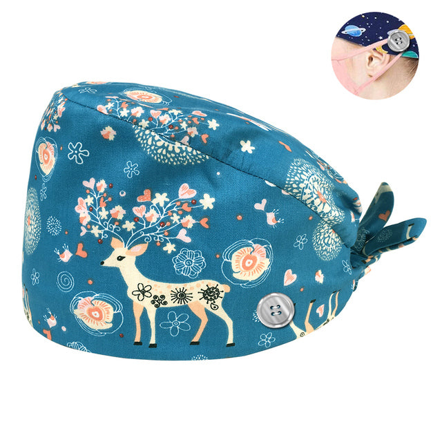 Pet Beauty Scrub Cap Adjustable Elastic Printing Surgical Hats Lab Nurse Cap with Button Medical Uniform Accessories Women Hat