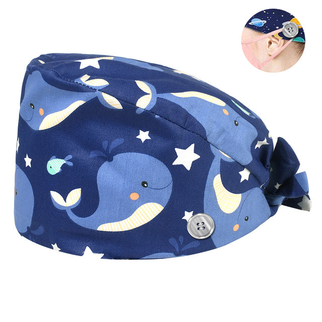 Pet Beauty Scrub Cap Adjustable Elastic Printing Surgical Hats Lab Nurse Cap with Button Medical Uniform Accessories Women Hat