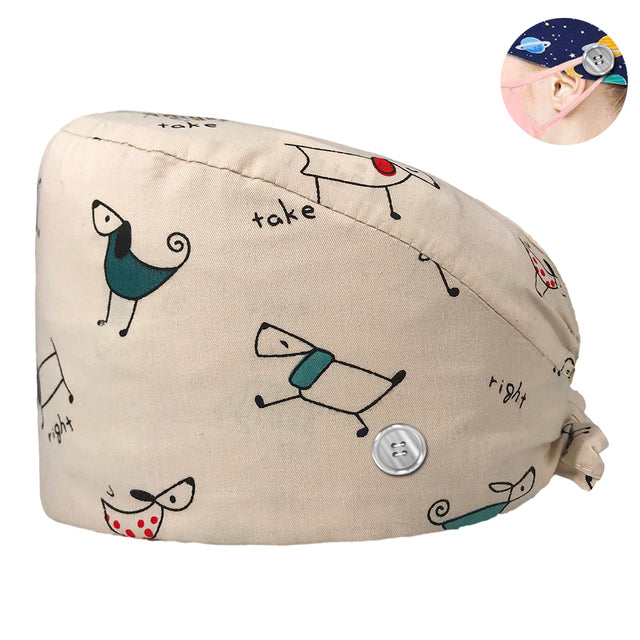 Pet Beauty Scrub Cap Adjustable Elastic Printing Surgical Hats Lab Nurse Cap with Button Medical Uniform Accessories Women Hat