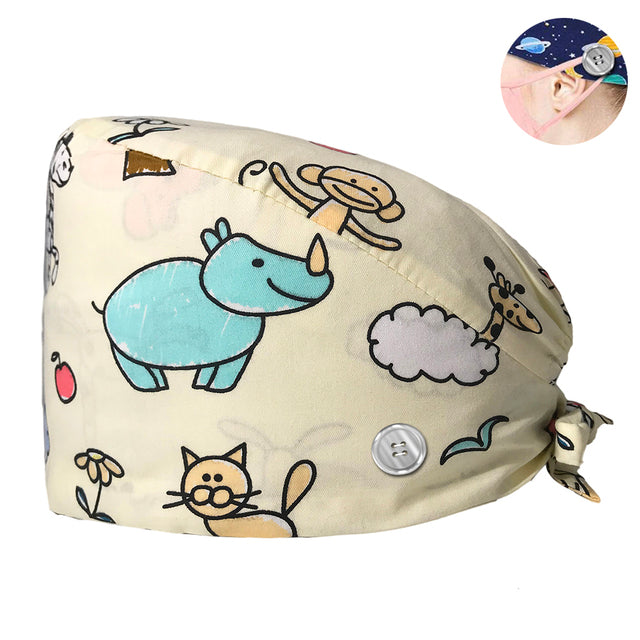 Pet Beauty Scrub Cap Adjustable Elastic Printing Surgical Hats Lab Nurse Cap with Button Medical Uniform Accessories Women Hat