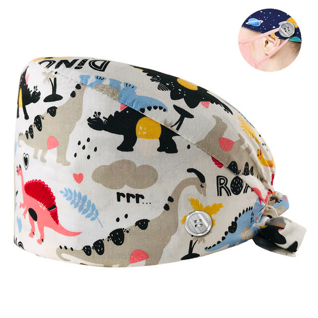 Pet Beauty Scrub Cap Adjustable Elastic Printing Surgical Hats Lab Nurse Cap with Button Medical Uniform Accessories Women Hat