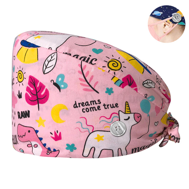 Pet Beauty Scrub Cap Adjustable Elastic Printing Surgical Hats Lab Nurse Cap with Button Medical Uniform Accessories Women Hat