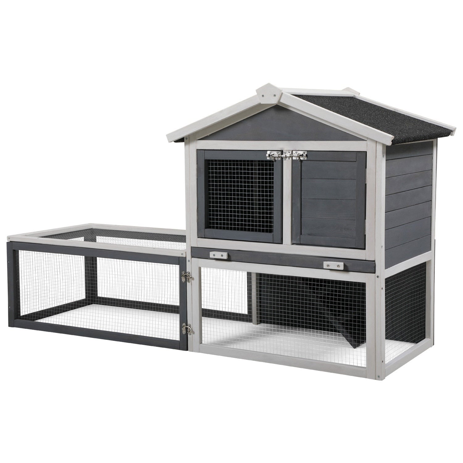Chicken Coop 2-Tier Rabbit Hutch with Large Removable Run  Outdoor Bunny Cage for Backyard, Solid Wood Pet House  Gray and White