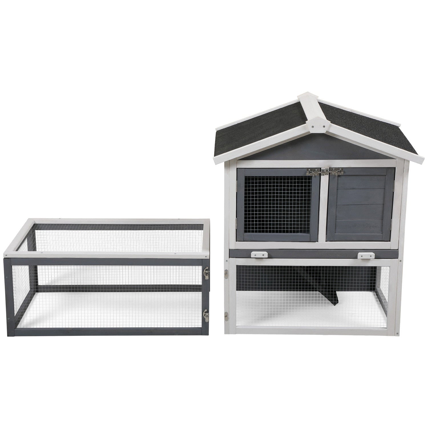 Chicken Coop 2-Tier Rabbit Hutch with Large Removable Run  Outdoor Bunny Cage for Backyard, Solid Wood Pet House  Gray and White
