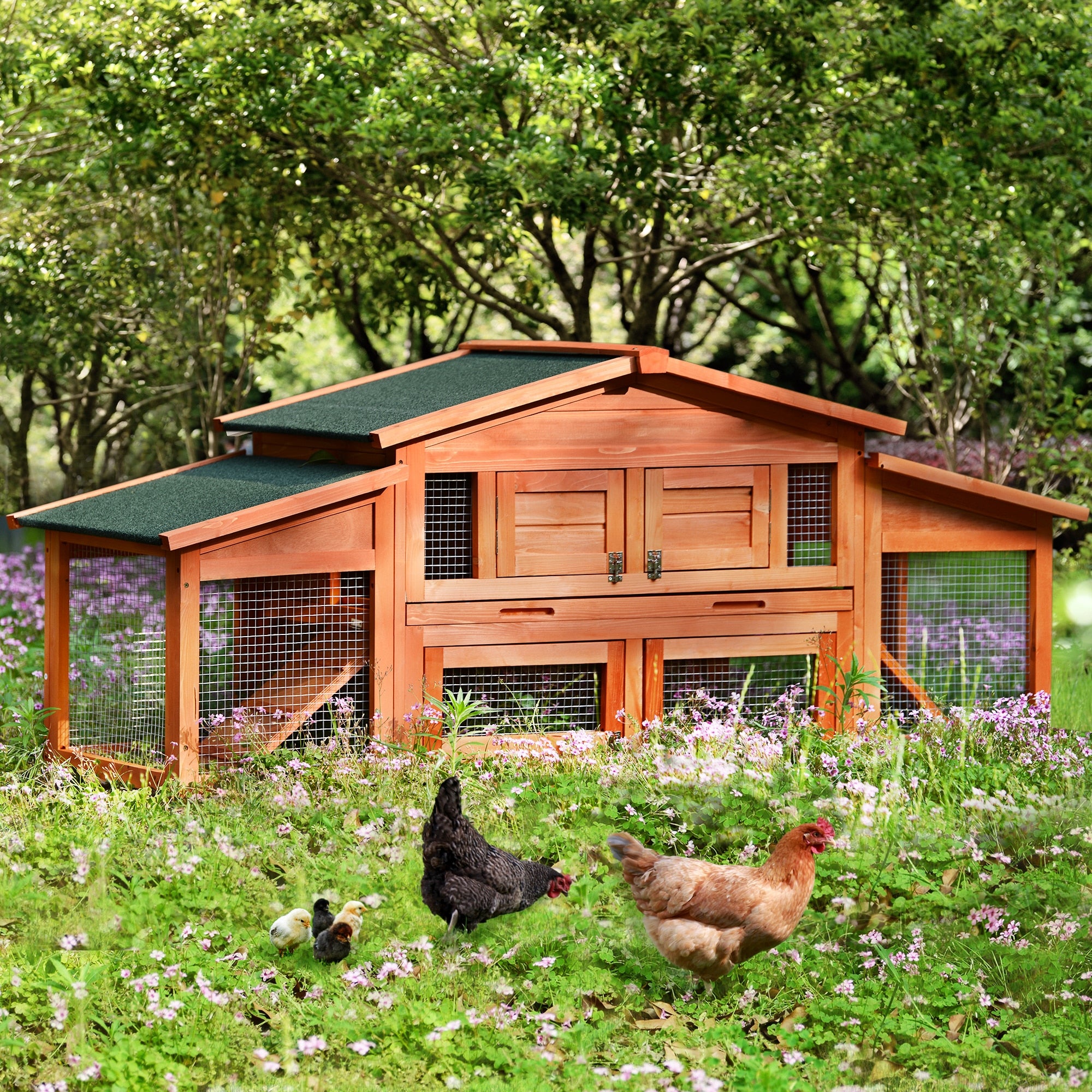 Wooden Chicken/Rabbit Coop 70-Inch Wood with 2 Run & Play Areas