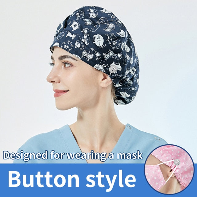 Cartoon Print Long Hair Scrubs hats