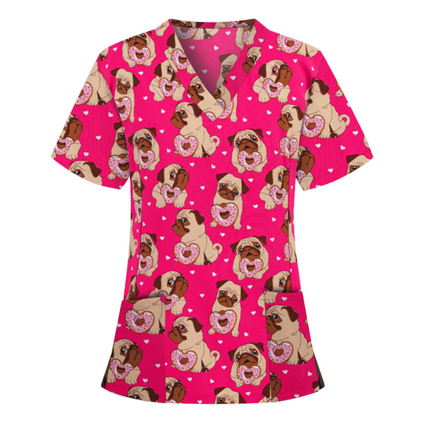 V Neck Scrub Tops Cartoon 2022 Dogs Nurse Uniform